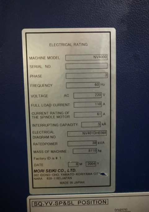 MORI SEIKI NV4000 DCG SERIAL PLATE