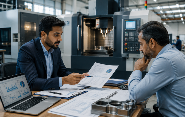 Business owner discussing financing options for a used CNC machine in India
