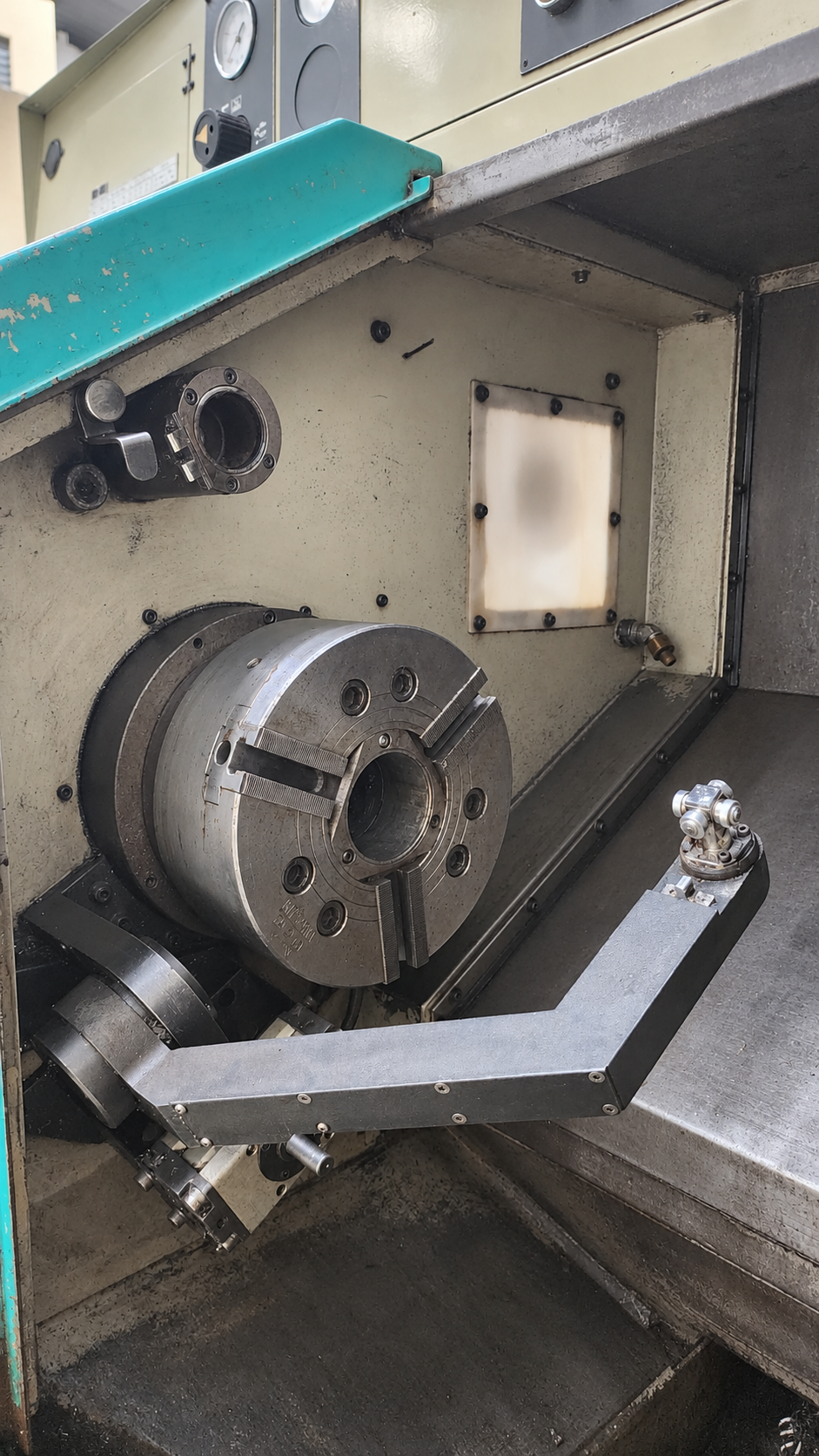 Used Takisawa TC-30 CNC Turning Center work area with chuck and tool presetter – SKU 50122